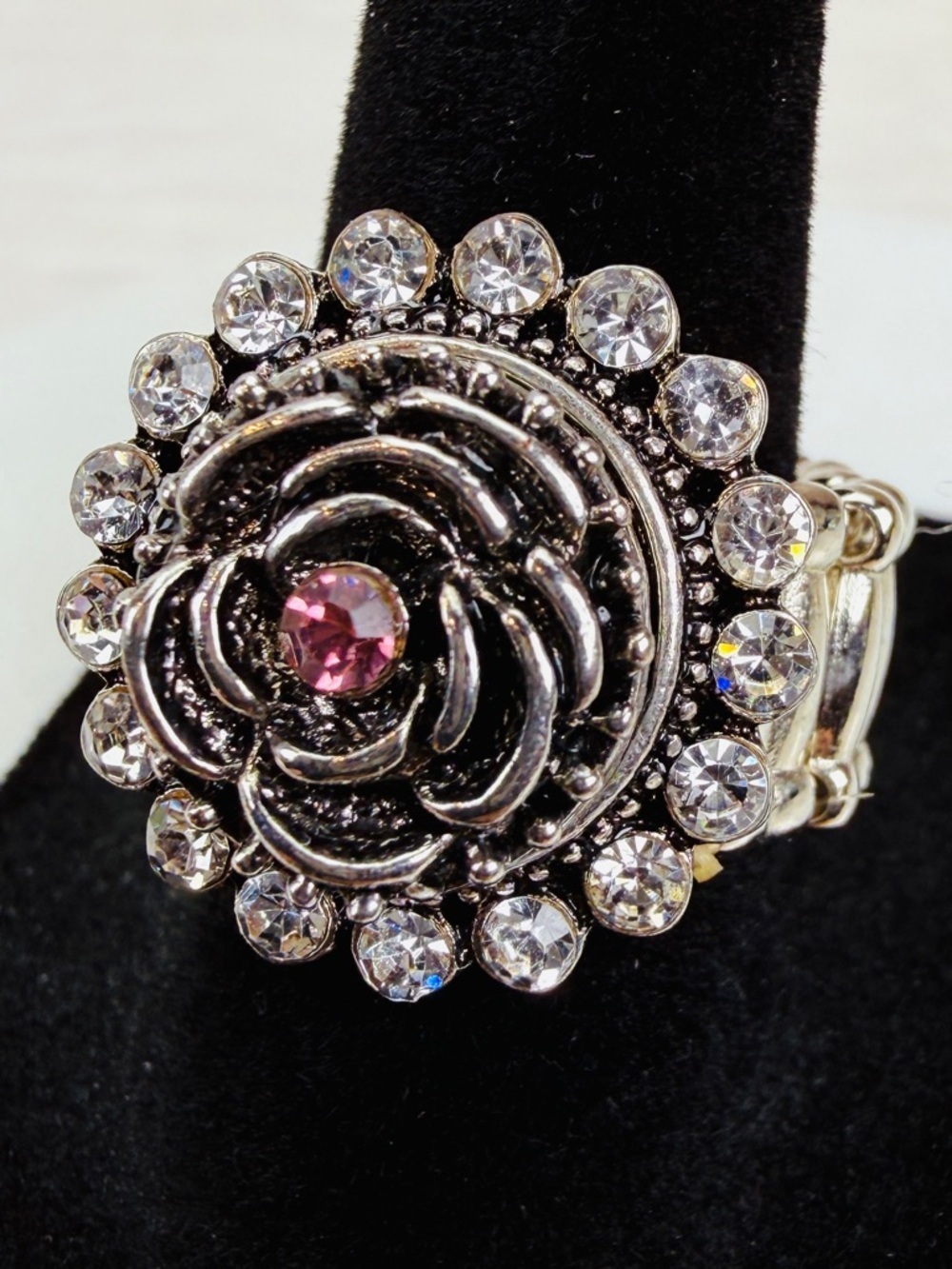 Silvertone, interchangeable button, stretch, statement ring - Picture 4 of 6